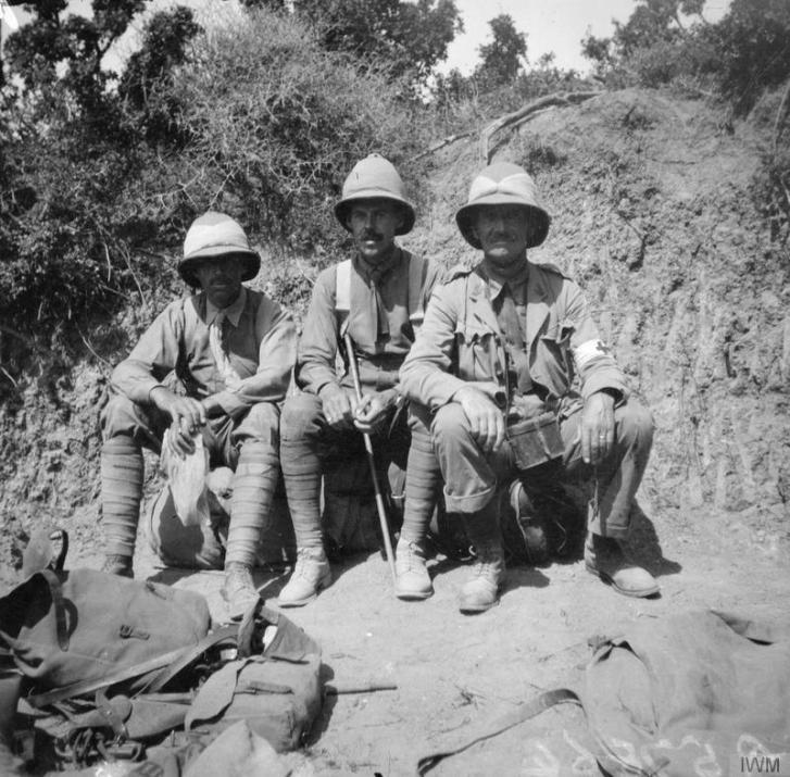 Left to right: Captain Hammond, 1/11th London Regiment; Major H. F. Byrne, D. A. D. O. S. , 13th Division; Major Malcolm, M. O. 1/11th London Regiment, in the Aghyl Dere, Anzac, August 1915. Major Malcolm died of dysentry in Malta, October 1915. © IWM (Q 57864)