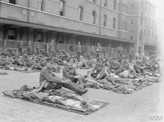 Q67047 Grendier Guards with kit laid out for inspection 5th battalion at Wellington Barracks